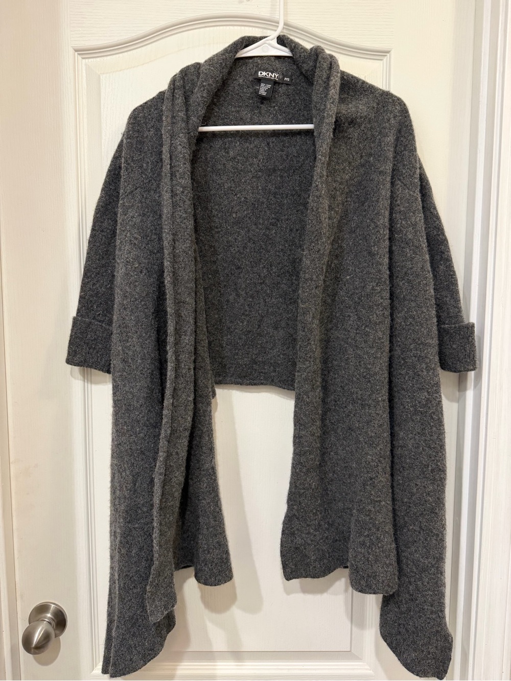 DKNY Donna Karan Cozy Convertible Cardigan P/S 100% Lambswool Gray Draped Wrap